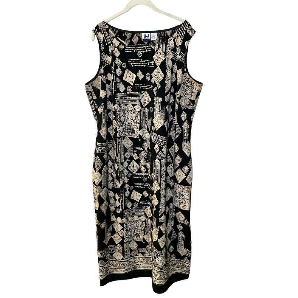 JM Collection SZ 1X Black‎ Geo Print Sleeveless Round Neck Shift Mini Dress NWOT